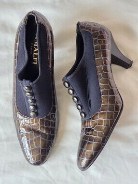 Vintage Amalfi Brown Croc Patent Studded Sock Pump Block Heel Italy Sz 8.5